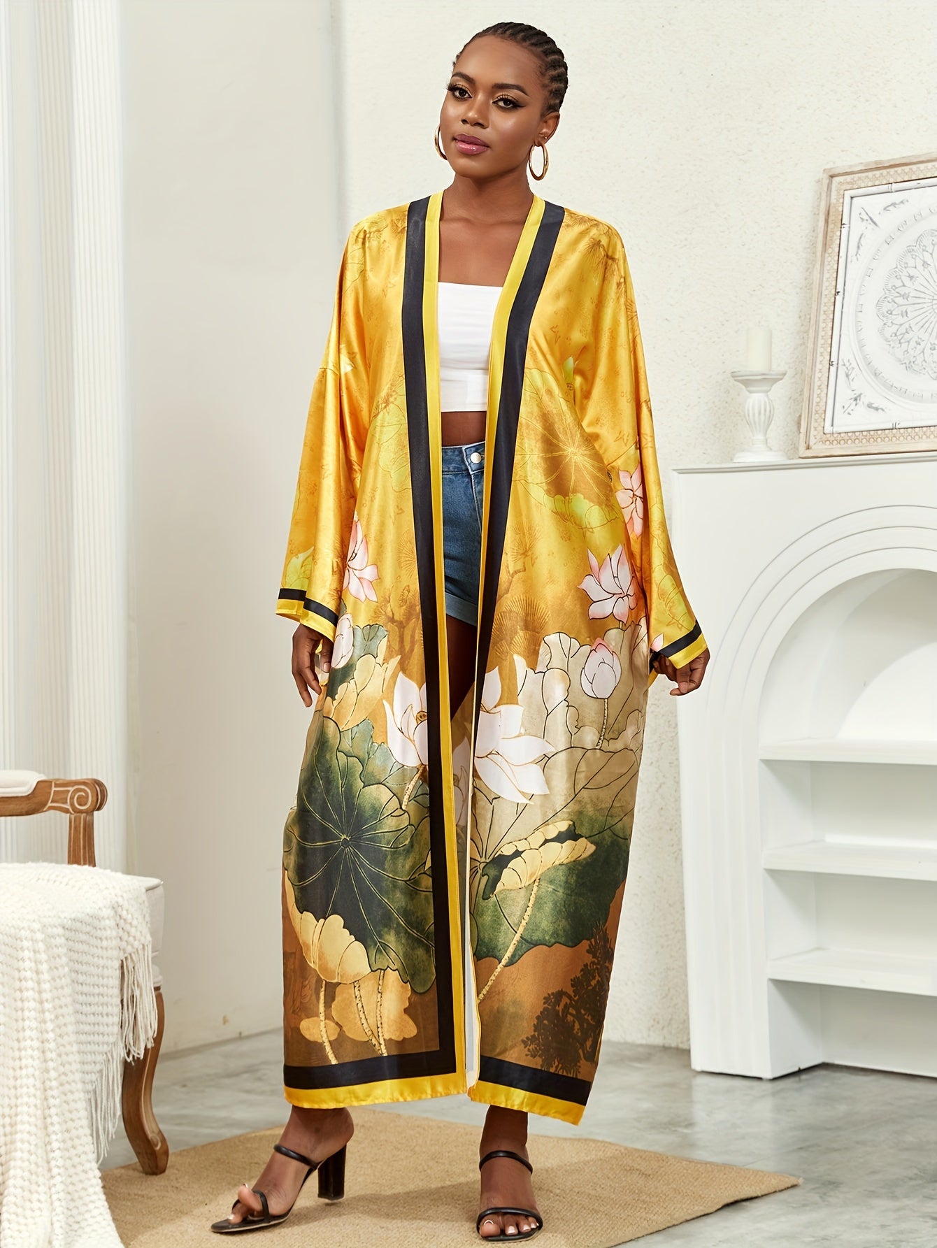 Boho Kimono Women's Plus Lotus Print Open Front Belted Cover Up