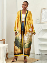 Boho Kimono Women's Plus Lotus Print Open Front Belted Cover Up