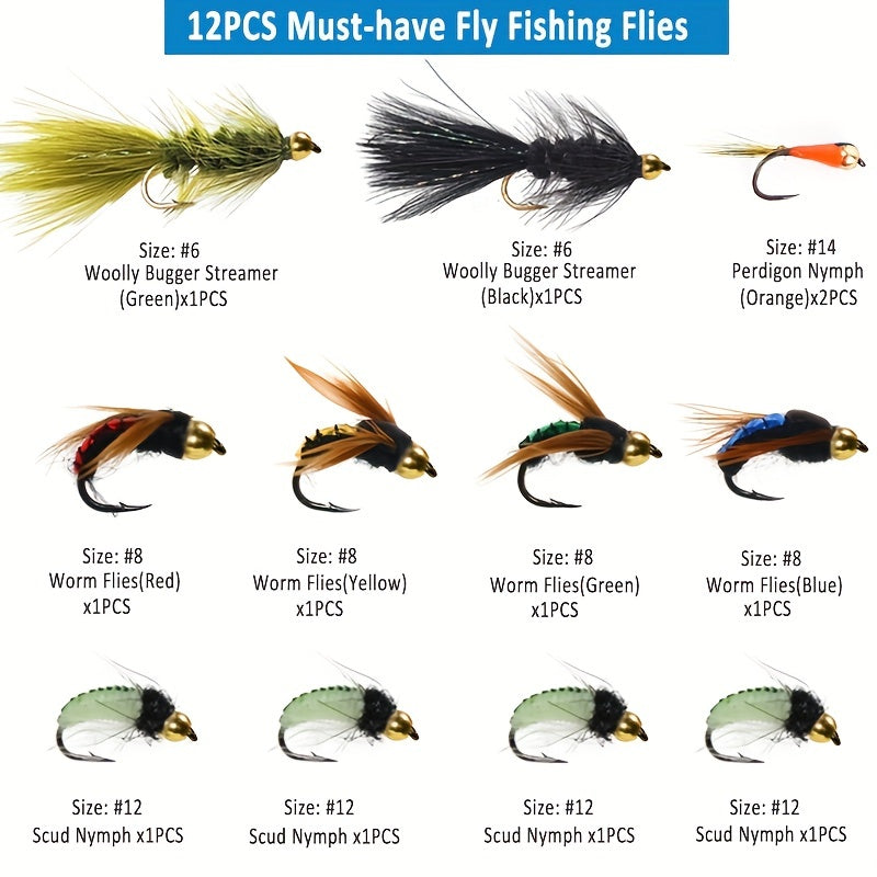 12pcs Hand Tied Fly Fishing Flies Assortment with Fly Box Dry Wet Scud Nymph