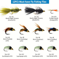 12pcs Hand Tied Fly Fishing Flies Assortment with Fly Box Dry Wet Scud Nymph