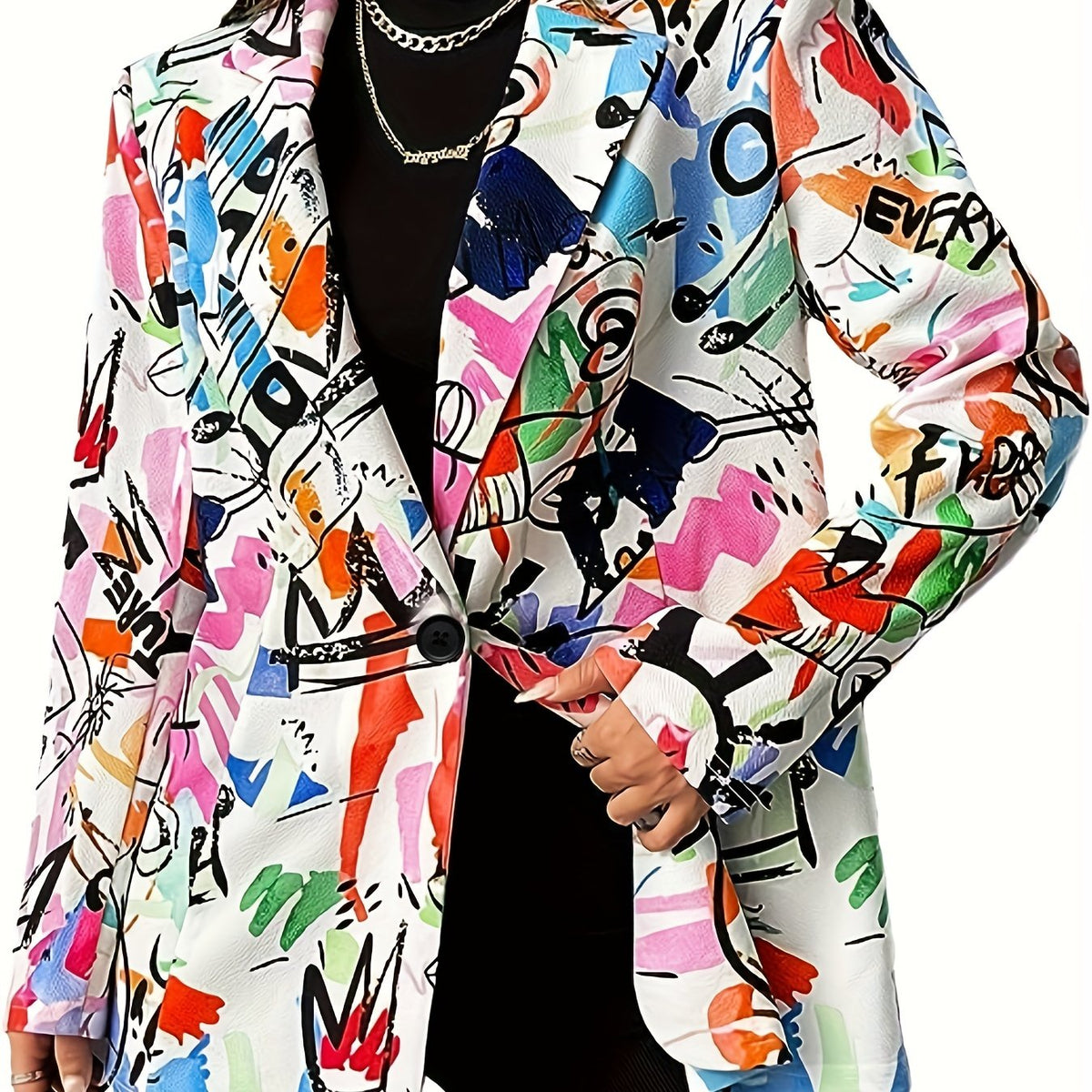  Graffiti Print Long Sleeve Button Blazer