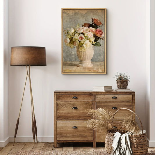 Vintage Pink & Roses In Vase Floral Plants Photography Wall Decor