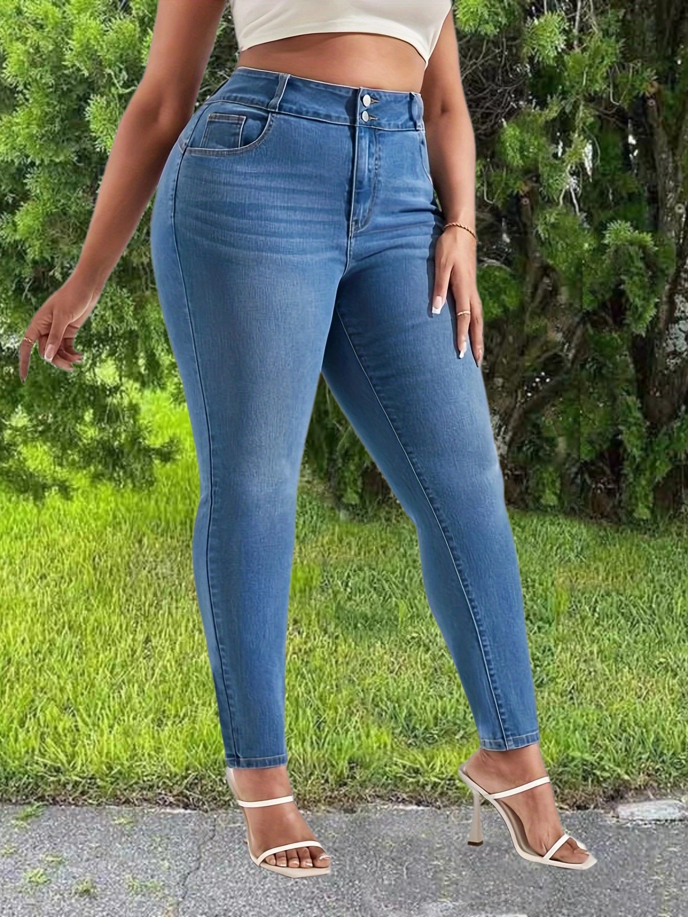  Solid Button Fly Skinny High Stretch Washed Jeans