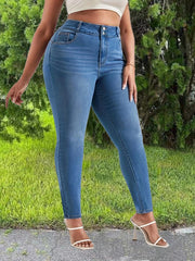  Solid Button Fly Skinny High Stretch Washed Jeans