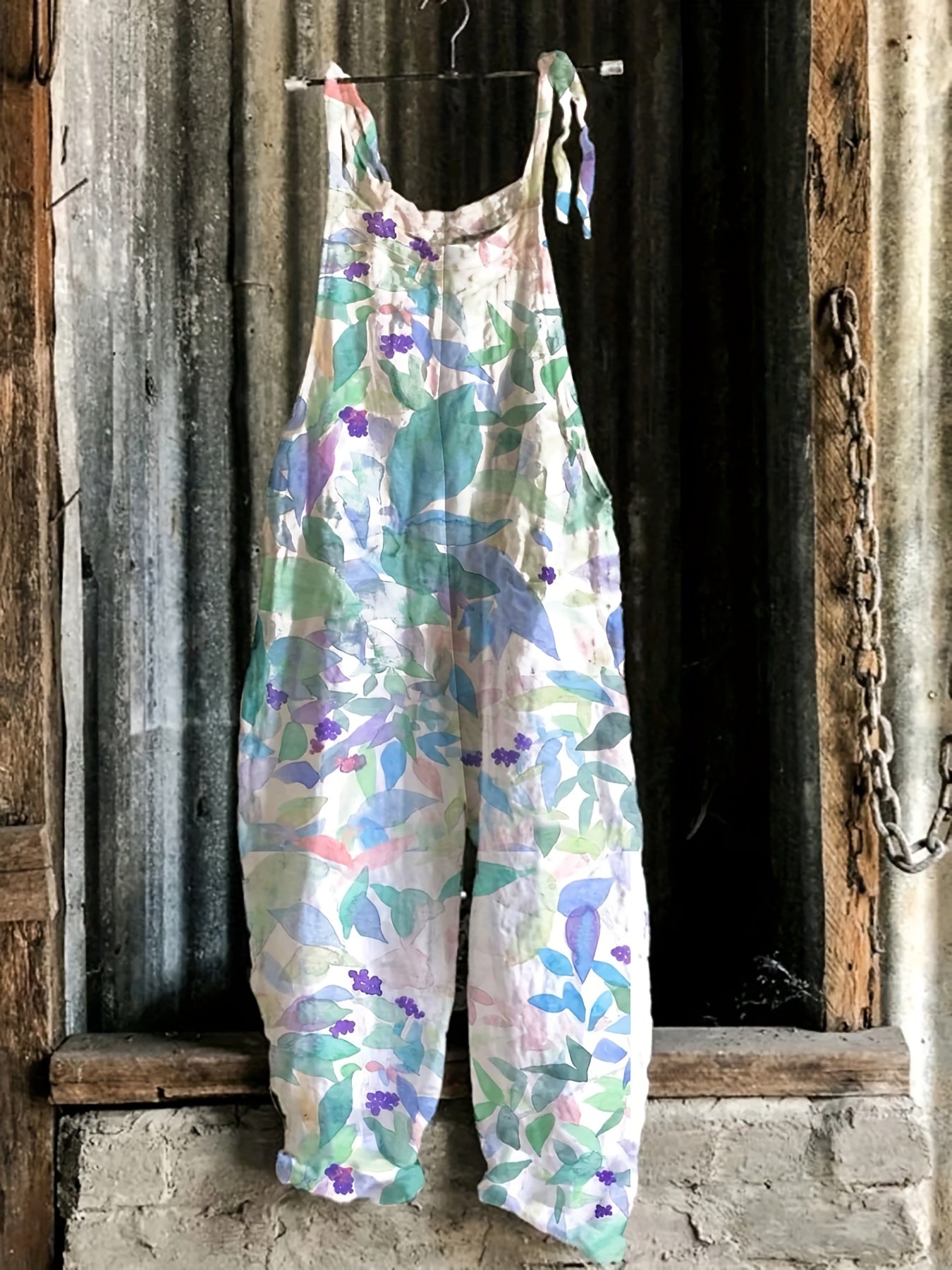  Floral Print Tie Shoulder Overalls