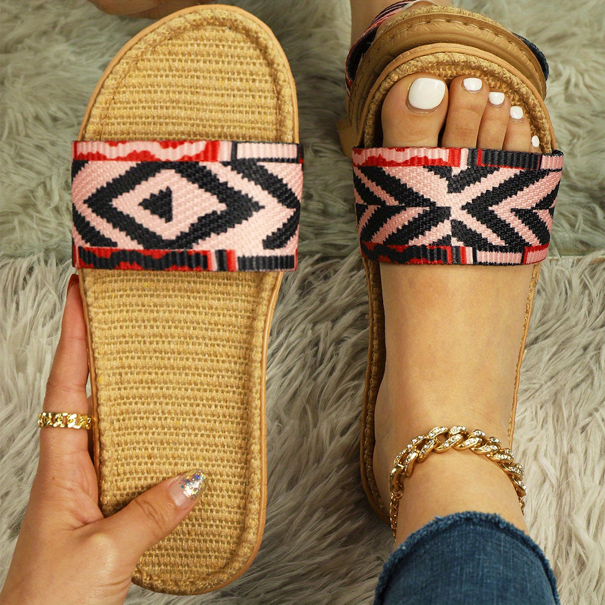Colorful Geometric Pattern Sandals Slip On Open Toe Non-slip Slides Shoes