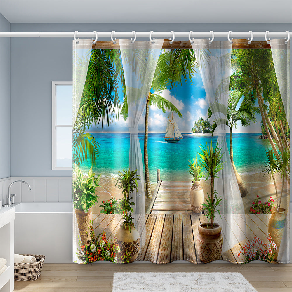 Seaside Landscape Shower Curtain with Coconut Tree Illustration