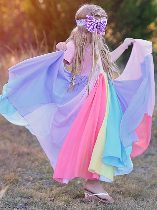 Girls Rainbow Splicing Cotton Dress Kids Summer Clothes