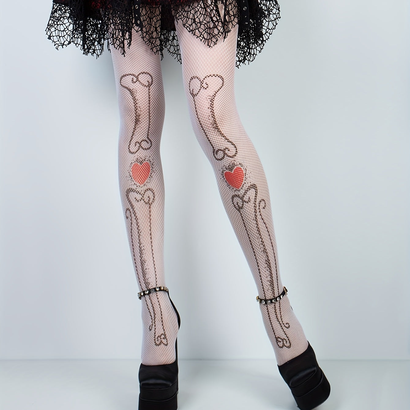 High Waist Skull & Heart Pattern Mesh Tights Fishnet Pantyhose