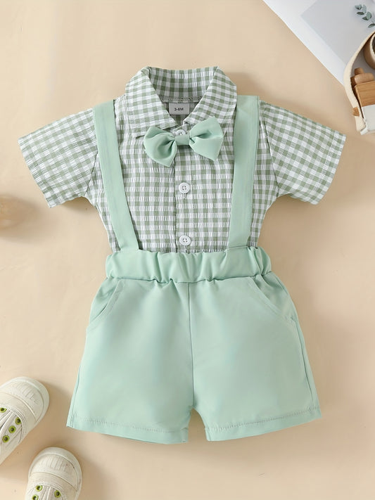 2pcs Baby Boys Plaid Bowtie Onesie & Suspender Shorts Set