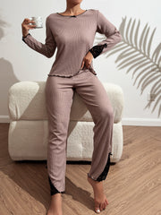 Lace Stitching Pajama Set Long Sleeve Top & Cozy Pants Women's Sleepwear