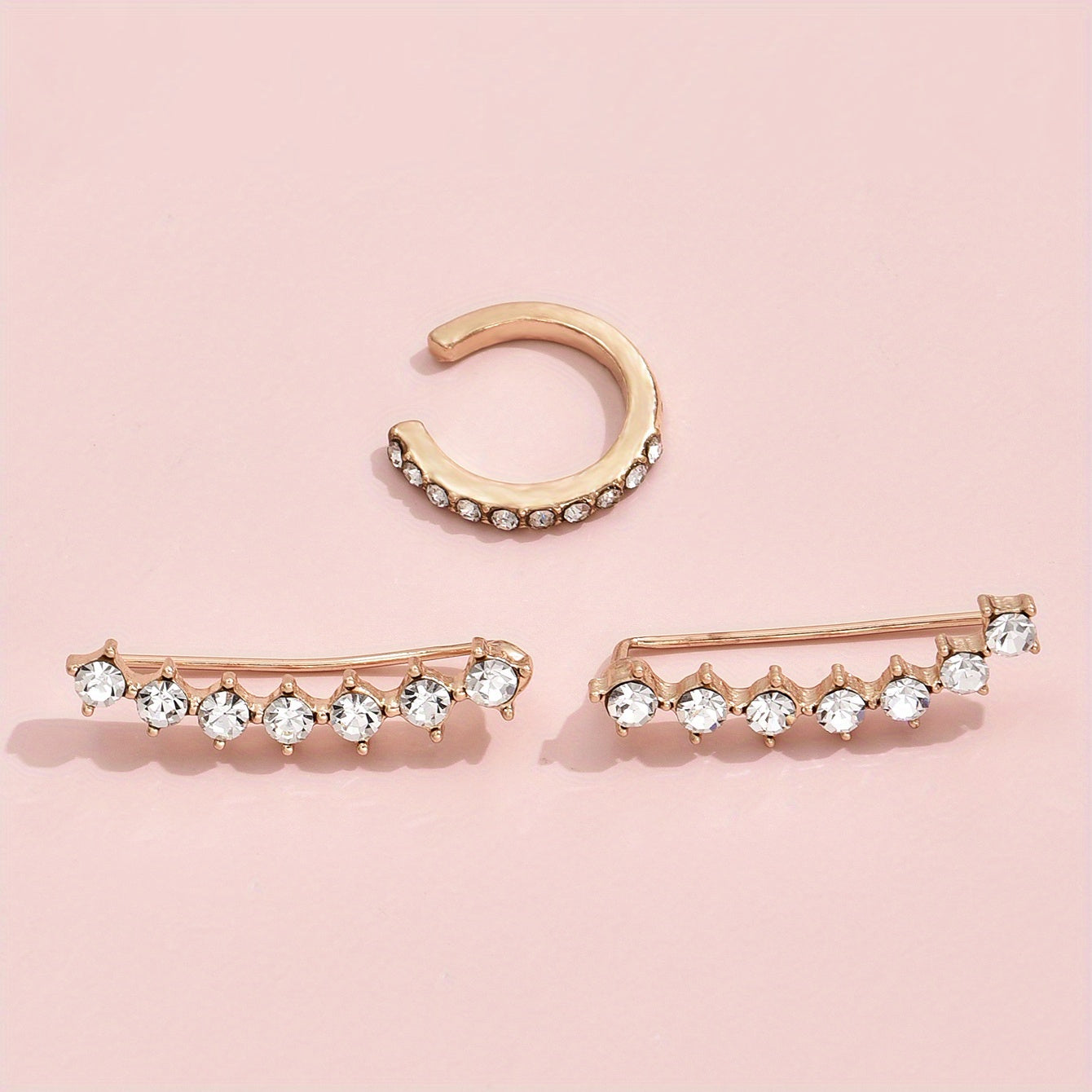 3pcs Geometric Crystal Stud Huggie Earrings Set Golden Wedding Party Jewelry