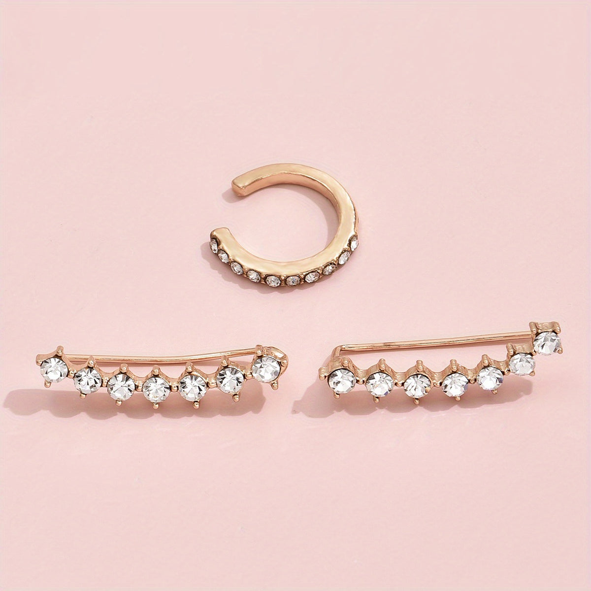3pcs Geometric Crystal Stud Huggie Earrings Set Golden Wedding Party Jewelry
