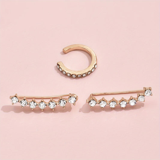 3pcs Geometric Crystal Stud Huggie Earrings Set Golden Wedding Party Jewelry