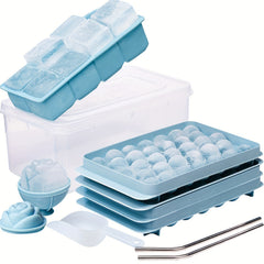 Ice Cube Mold Freezer Ice Tray W/ Scoop & Straw, Easy Release, Ice Box