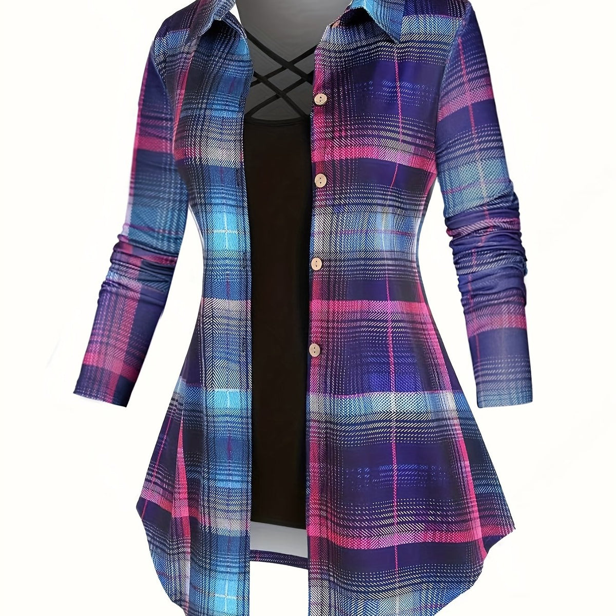  Plaid Button Up Blouse & Cami Top Outfit Set