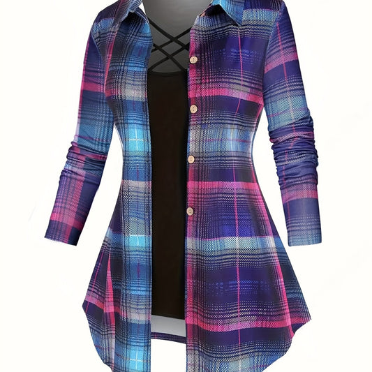  Plaid Button Up Blouse & Cami Top Outfit Set