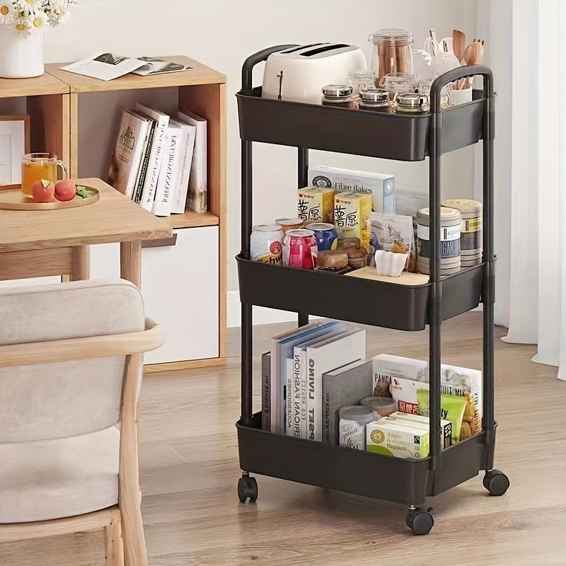 3-Tier Utility Cart Rolling Storage Shelves Handle Wheels Multifunctional