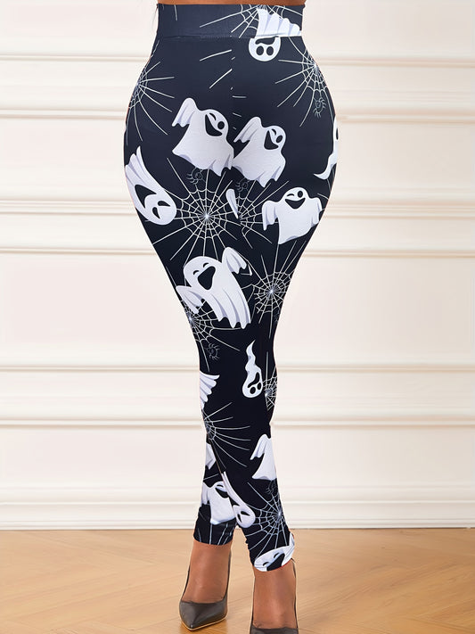  Halloween Leggings Women's Plus Ghost & Spider Web Print Leggings