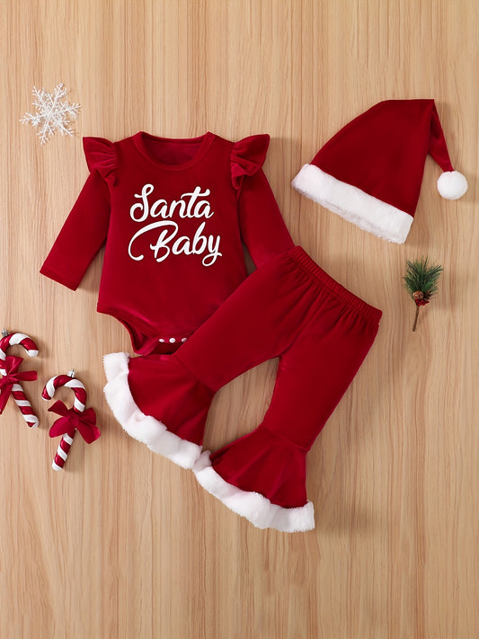 Baby Girls Christmas Bodysuit & Flared Pants & Hat Set
