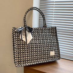 Tweed Plaid Tote Bag with Twilly Scarf Large Capacity