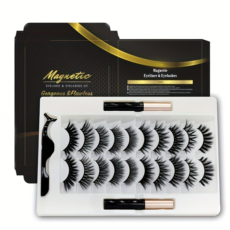 Magnetic Eyelash Set & Eyeliner Kit, Natural Fluffy Curly 5 Magnetic 10 Pairs
