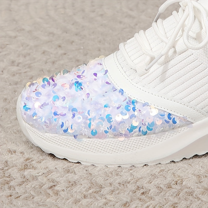 Glitter Sequins Lace Up Sneakers Platform Shoes Lightweight Running Shoes