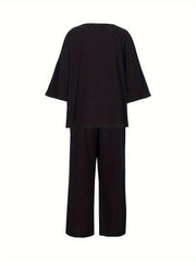  Solid Loose Fit Tee & Split Pants Outfit Set