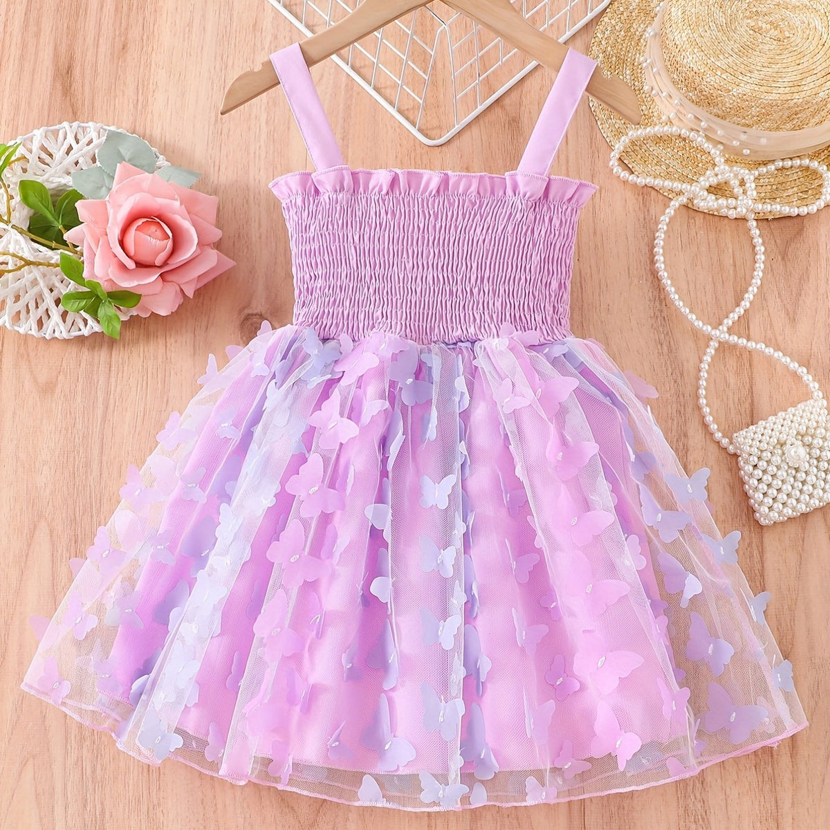 Toddler Girls Butterfly Applique Frill Trim Cami Dress