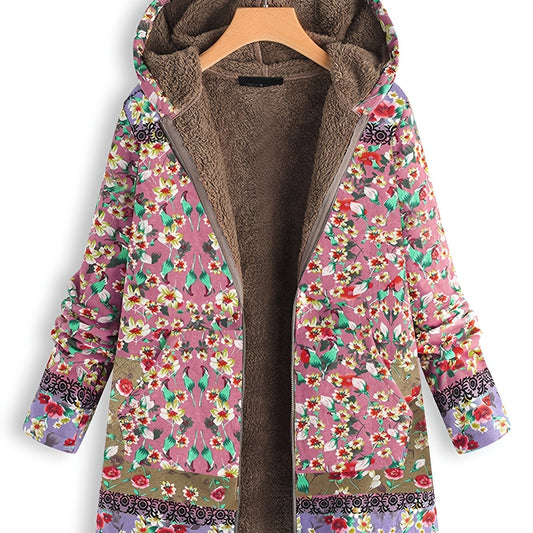 Floral Print Hooded Padded Coat Winter Outerwear