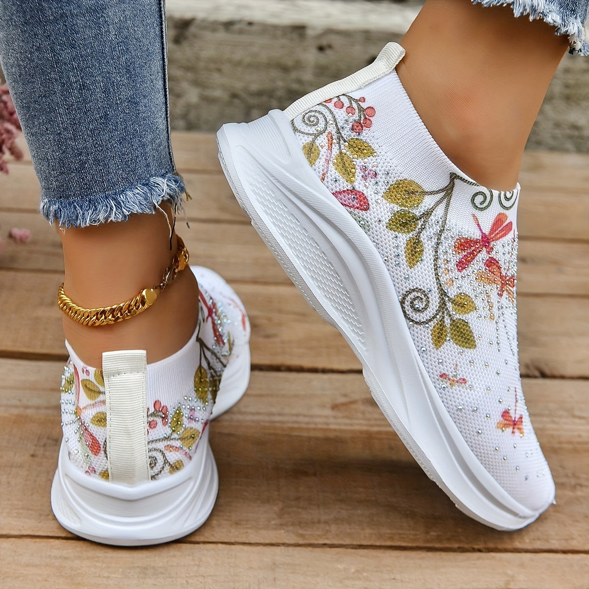 Women's Rhinestone Sock Shoes Dragonfly Slip On Trainers