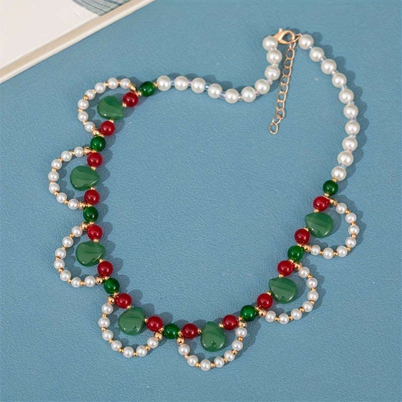 Faux Pearl Beaded Necklace Faux Jade Chinese Style Decoration