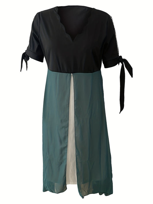  Colorblock Faux Pearl V Neck Maxi Dress