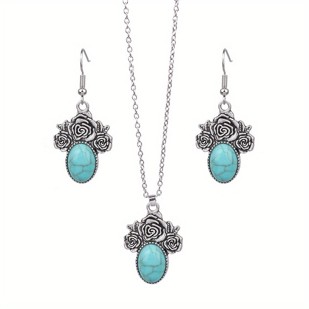 3pcs Turquoise Rose Jewelry Set Boho Style Earrings Necklace