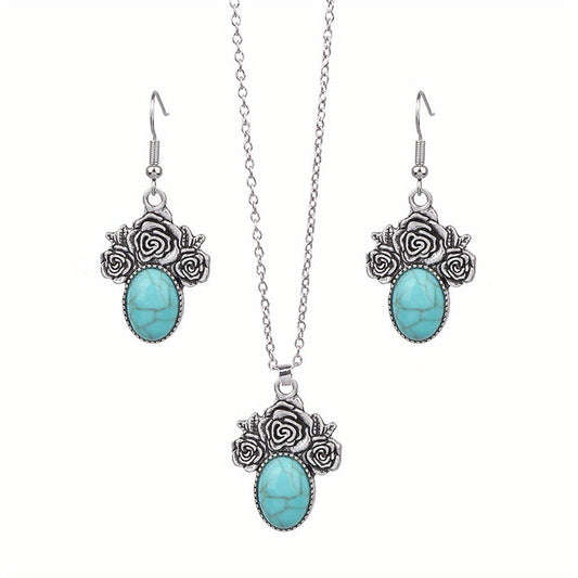3pcs Turquoise Rose Jewelry Set Boho Style Earrings Necklace
