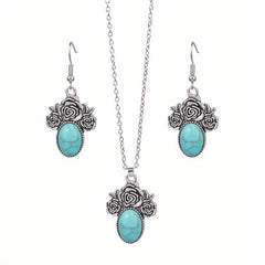 3pcs Turquoise Rose Jewelry Set Boho Style Earrings Necklace