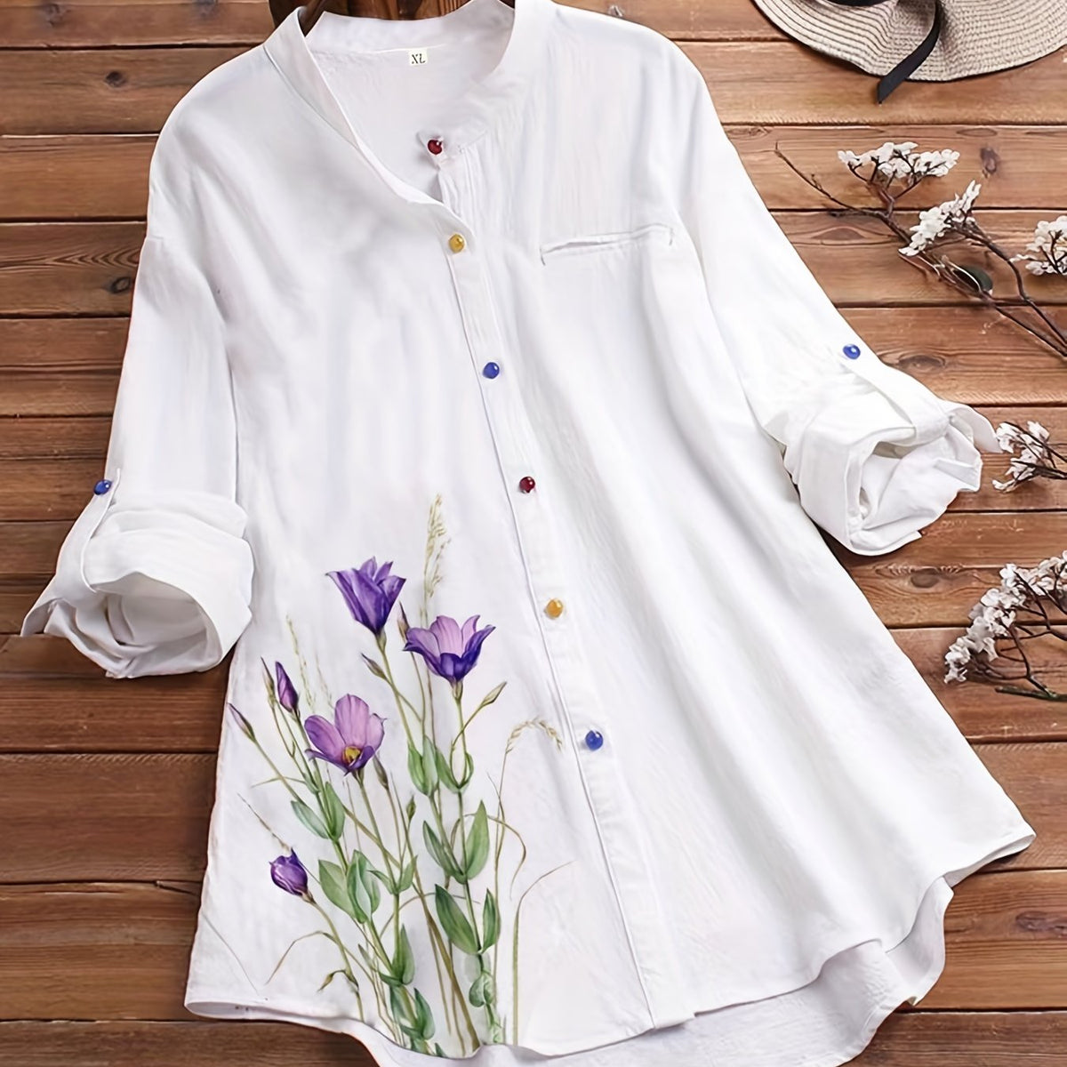  Floral Button Up Roll Sleeve Blouse