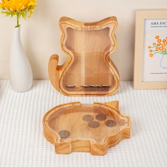 Wooden Coin Storage Jar Love Heart Kitten Gift Savings Wood Crafts Ornaments