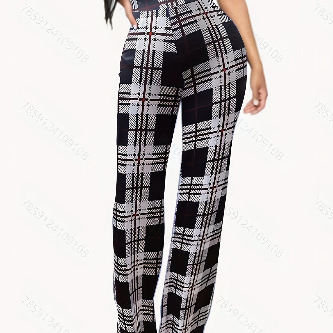  Plaid Print High Rise Wide Leg Trousers