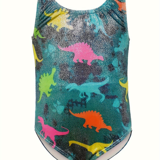 Girls Dino Pattern Sleeveless Gymnastics Suit for Sports Training