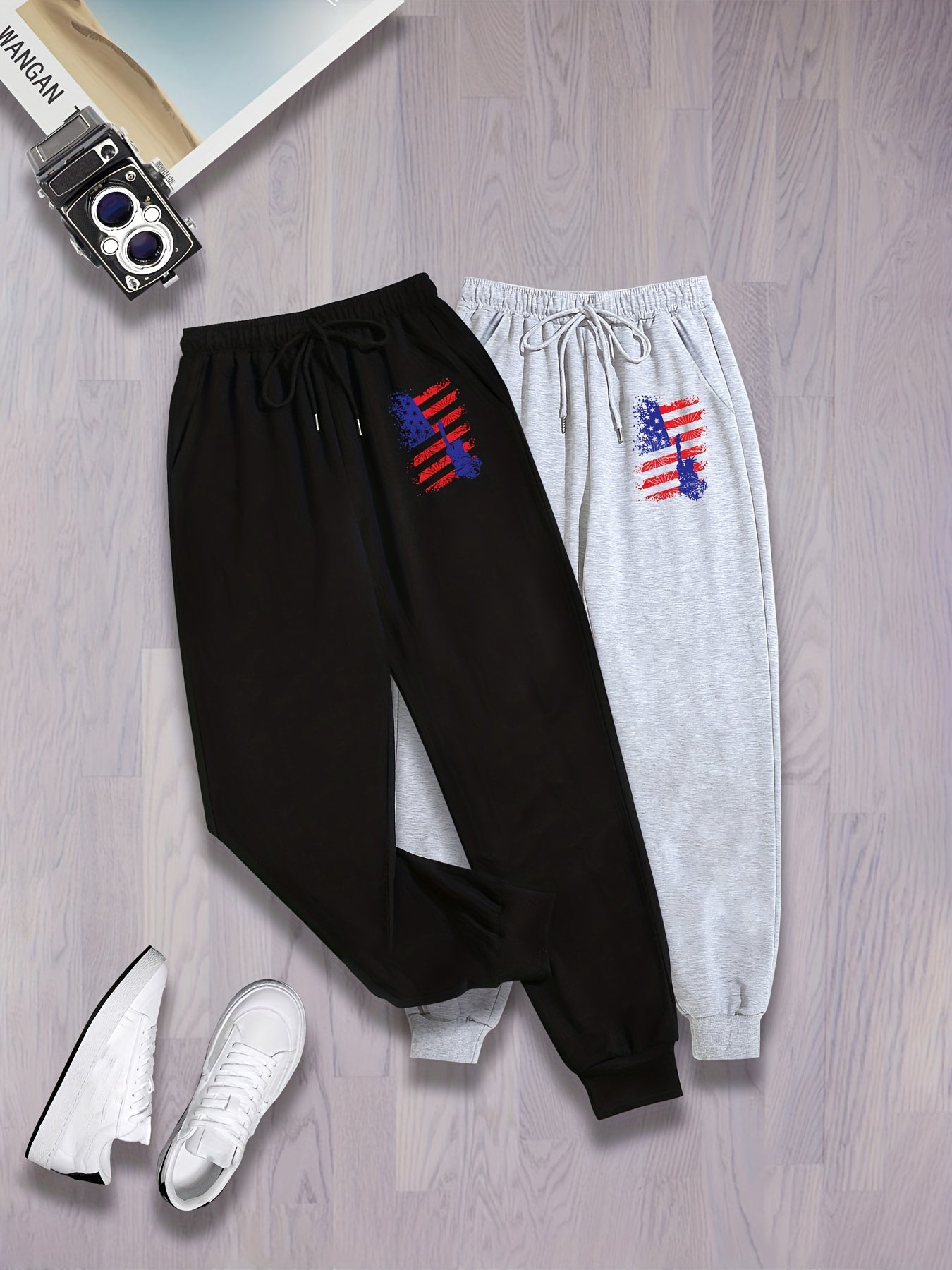 2 Pack Women's Plus Flag Print Independence Sports Pants