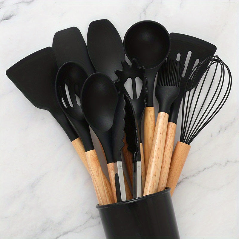 12pcs Silicone Utensil Set Khaki Kitchen Utensil Set With Wooden Handle