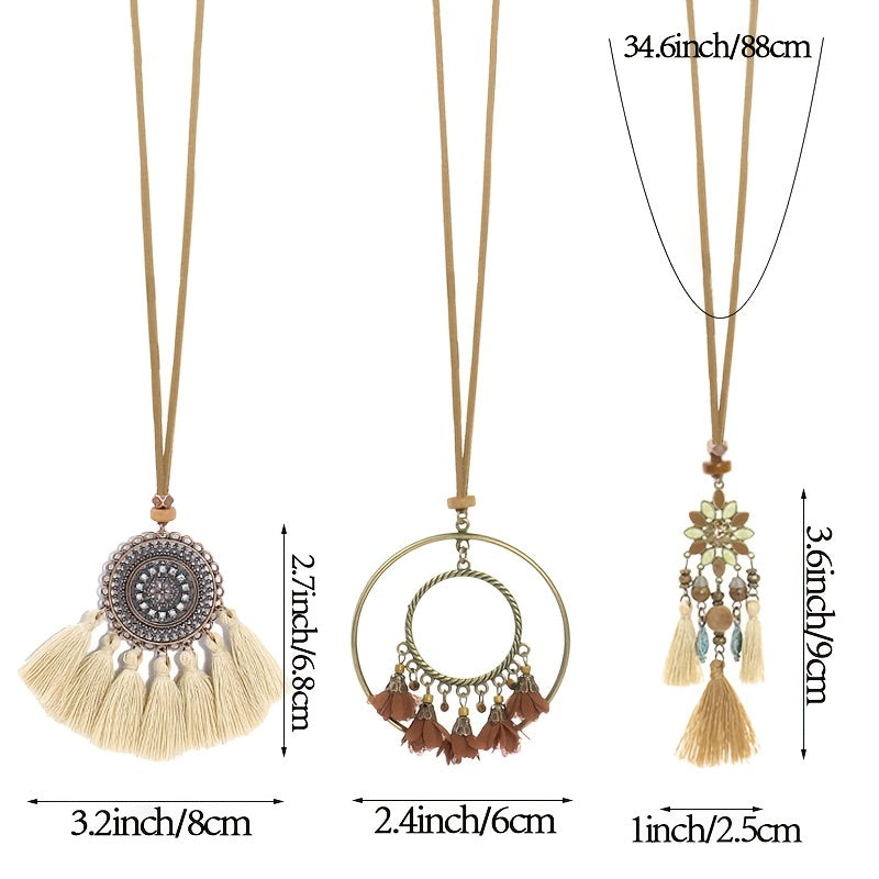 Boho Ethnic Tassel Pendant Necklaces Retro Rhinestone Drip Oil Alloy Necklace