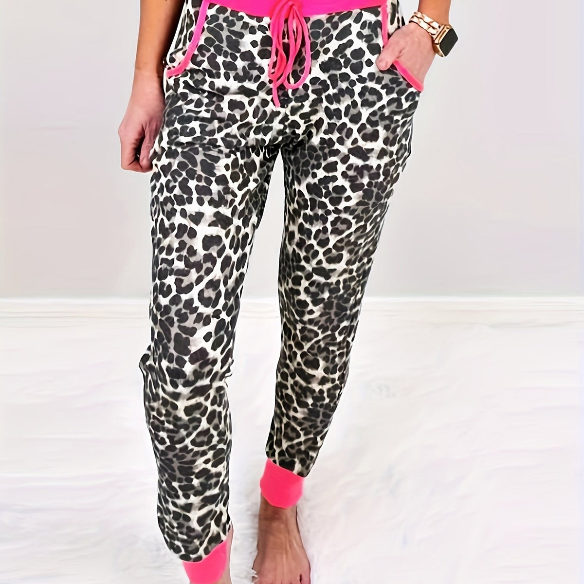  Leopard Print Tie Waist Joggers