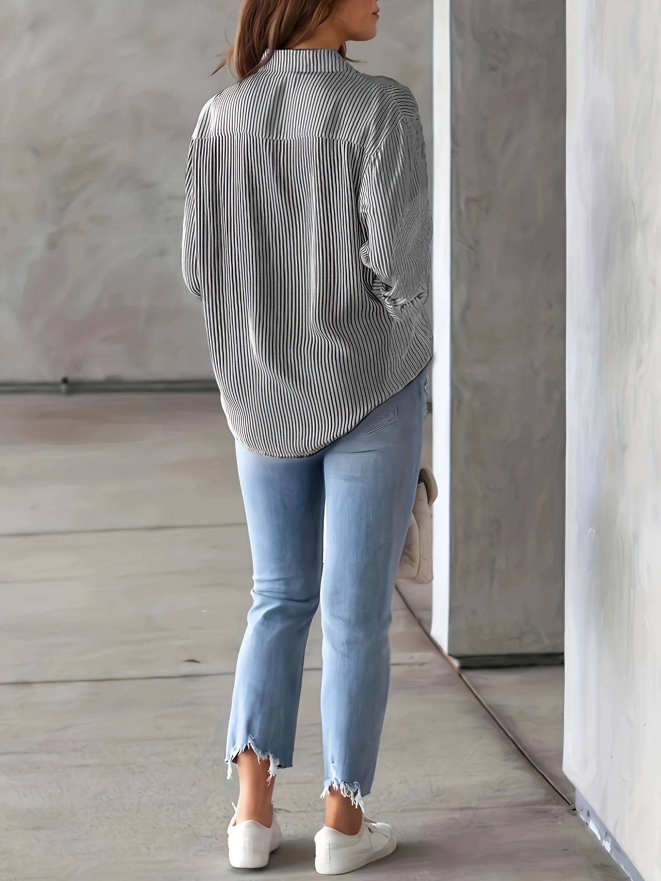  Stripe Print Button Up Long Sleeve Blouse