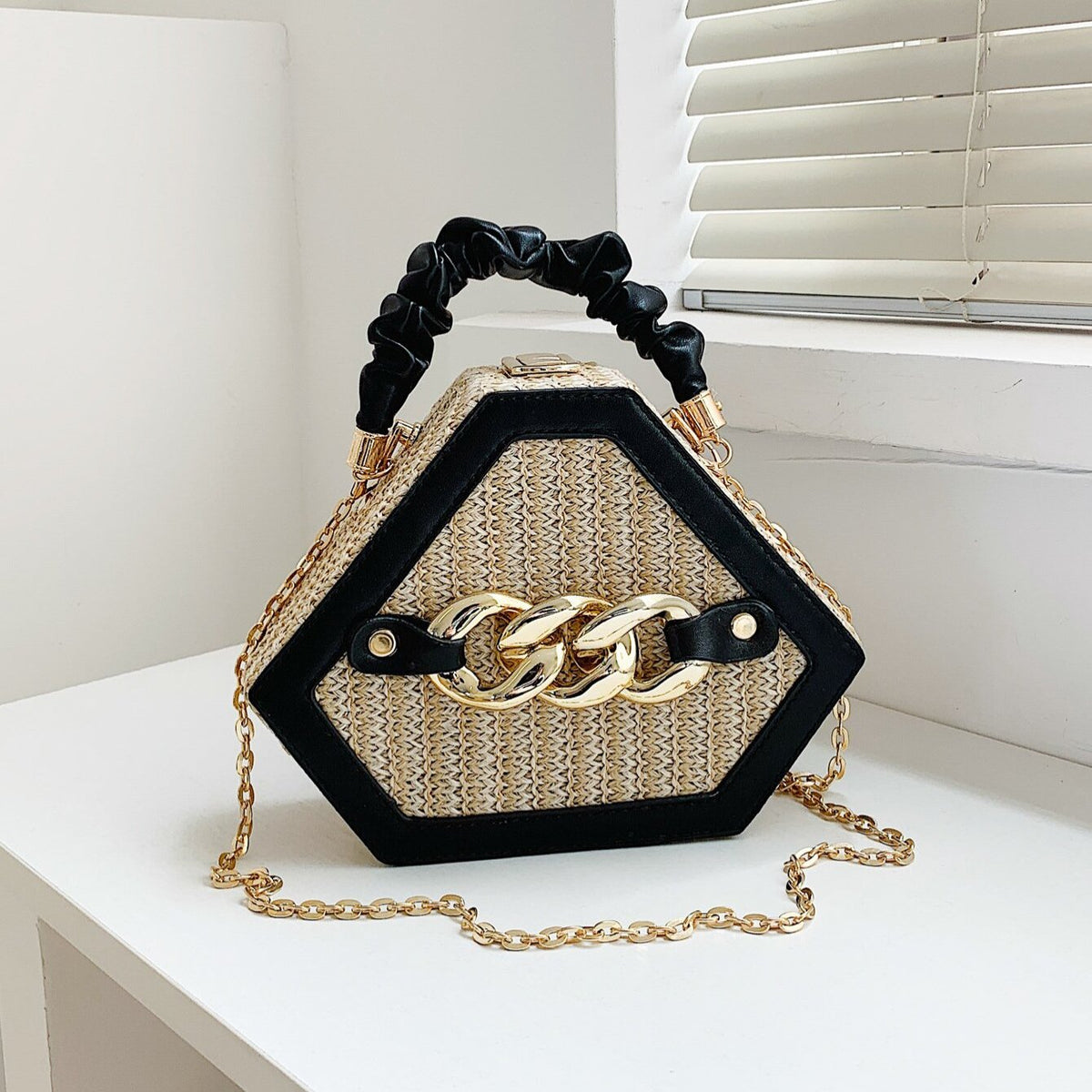 Straw Box Bag Chain Shoulder Top Handle Purse