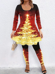 Women's Plus Tree Print Top & Leggings Outfits 2 Piece Set