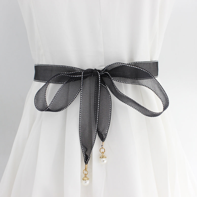 Lace Waistband Dress Belt with Pearl Pendant