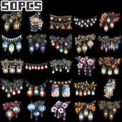50pcs Lantern Themed Stickers Non Repeating Floral & Heart Designs