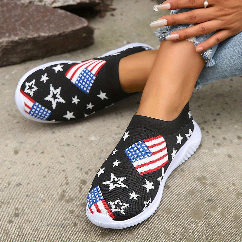 Women's Flag Pattern Knit Slip-On Sneakers Low Round Toe Non-Slip Shoes